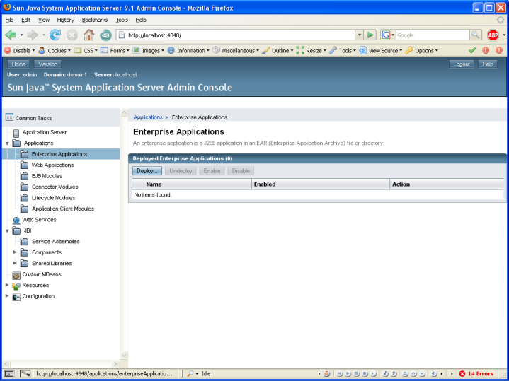 glassfish admin console applications