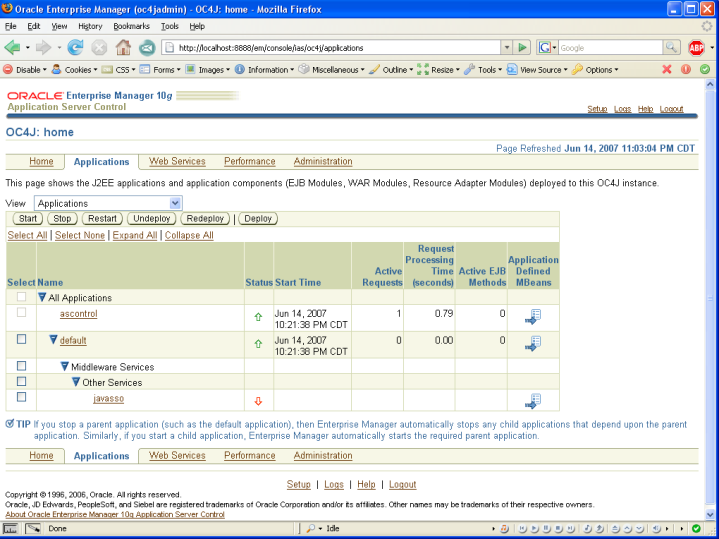 oc4j admin console applications